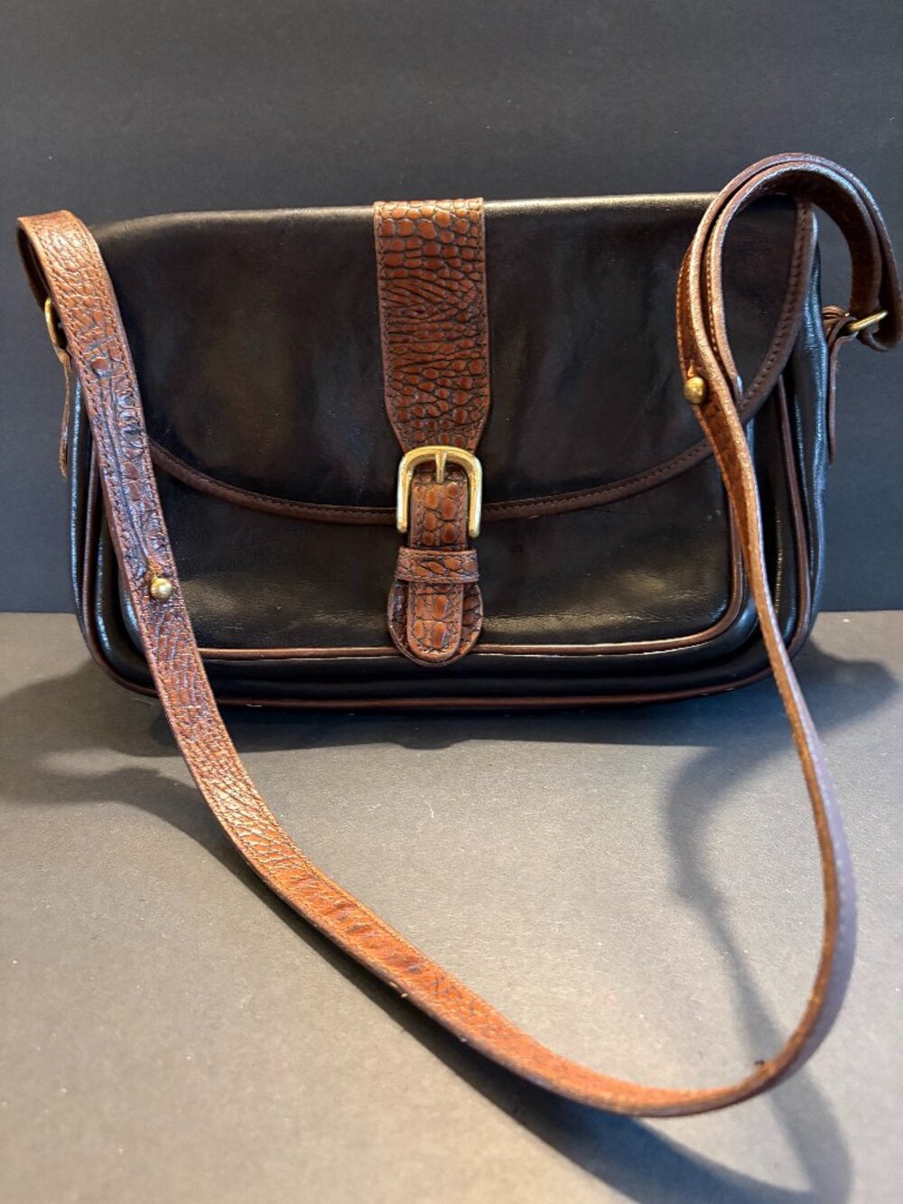 BRAHMIN Satchel Front Flap purse, black & brown croc embossed, 100% leather
